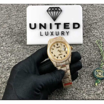 New Arrivals rolex datejust yellow gold arabic dial iced out 116300 replica 2